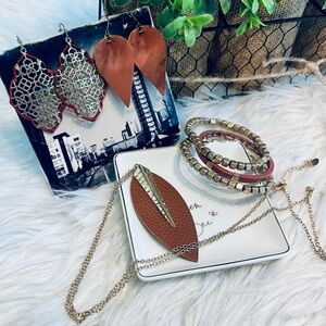 Set of Leather Boho Jewelry - Necklace, Bracelets, Two Pair of Earrings